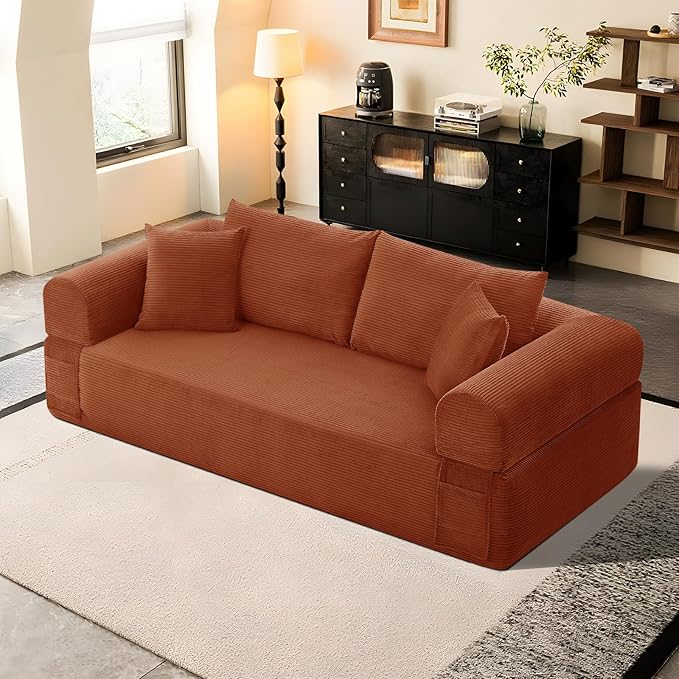 83" Sofa in a Box, 3 Seater Couch No Assembly Boneless Sofa Bed with Cushion Back 2 Matching Pillows Deep Seat Corduroy Fabric Side Storage Pockets for Living Room, Bedroom, Apartment, Office, Orange