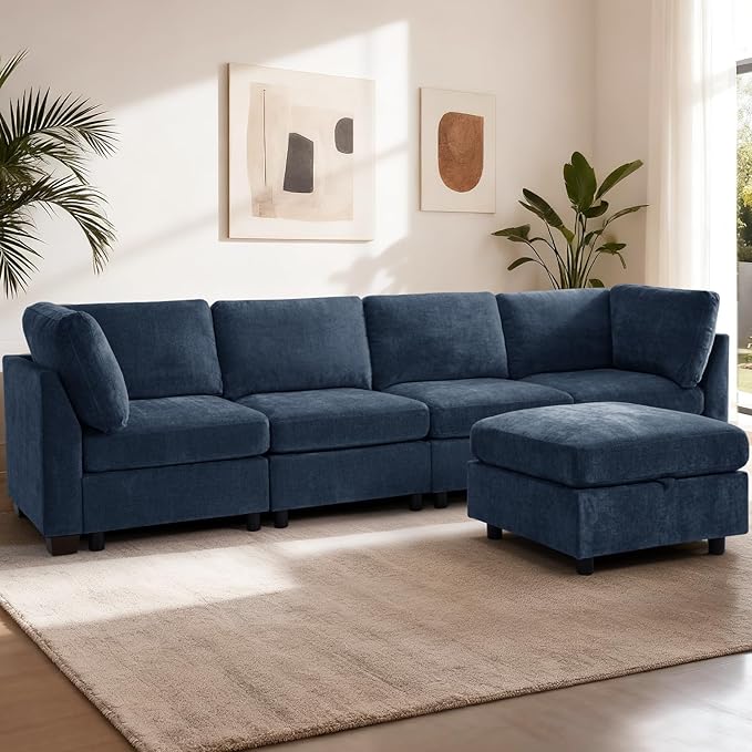 EDILLY 122 inches Oversized Modular Sectional Fabric Cloud Sofa Set, Extra Large L Shaped Couch Reversible Chaise Couch,4 Seat Modular Sofa with Storage Ottoman, Blue