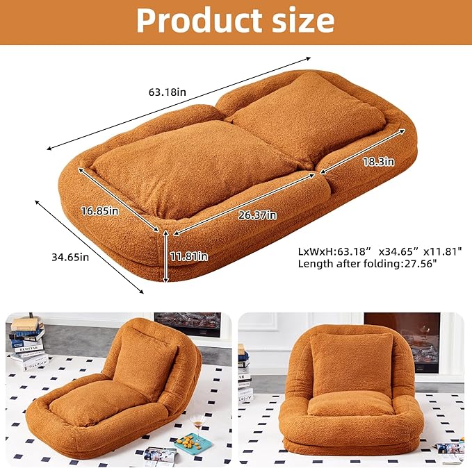 Cozy Brown Folding Sofa Chair with 5 Adjustable Positions – Perfect Plush Lounge Chair for Gaming, Meditation, and Relaxing Anytime!
