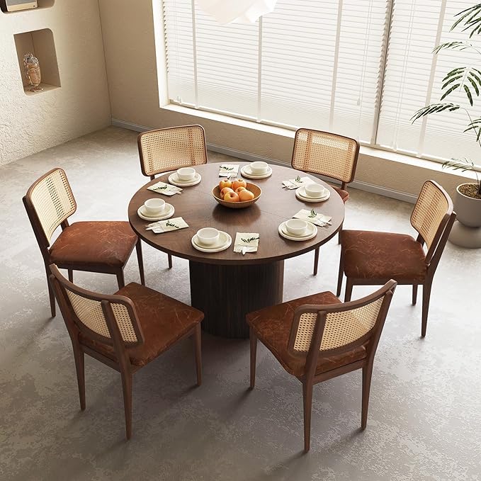 47 Inch Round Dining Table, Farmhouse Fluted Dining Kitchen Table, Modern Wood Small Circle Dining Table for Kitchen Living Room, Walnut