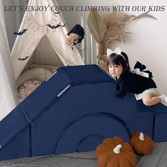 MeMoreCool Modular Kids Sofa, Foam Couch Sofa with Slide & Stair Design, Convertible Kids Couch for Playroom, Sectional Child Furniture for Bedroom Living Room, Navy