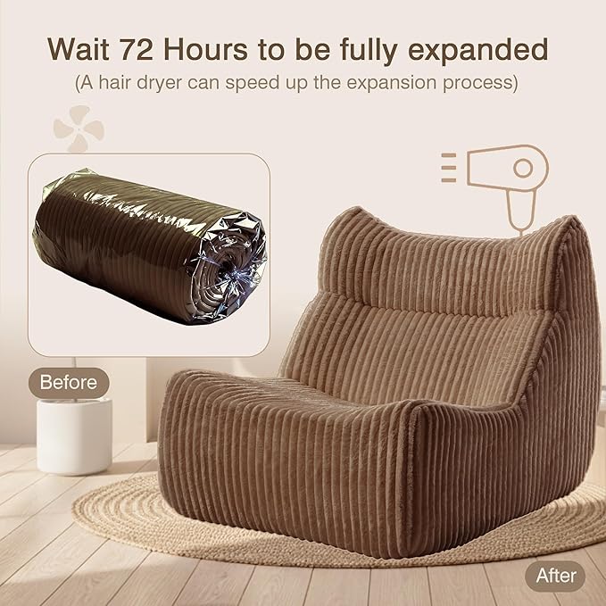 Big Bean Bag Chairs, Lazy Floor Sofa, Fireside Chair for Living Room, Bedroom, Office (Brown, Single Seat)