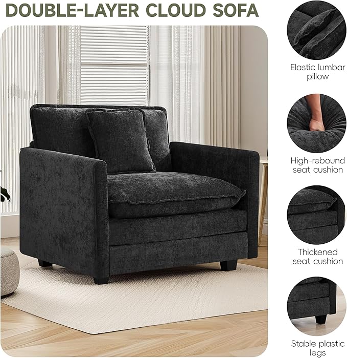 UMBFUN Cloud Couch Accent Chair, Oversized Comfy Modular Sofa with Deep Seat Cushions, Chenille Upholstered Lounge Chair for Living Room & Bedroom, Dark Grey