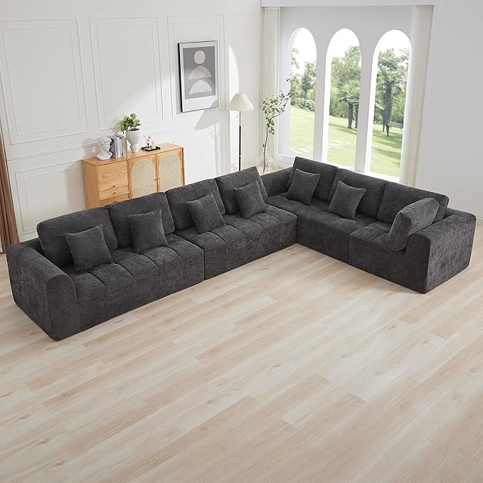 170''Modular Sectional Couches for Living Room, Cloud Boneless Compressed Sectional Sofa, Oversized L Shaped 7 Seater Upholstered Memory Foam Sofa, No Assembly, Chenille Grey