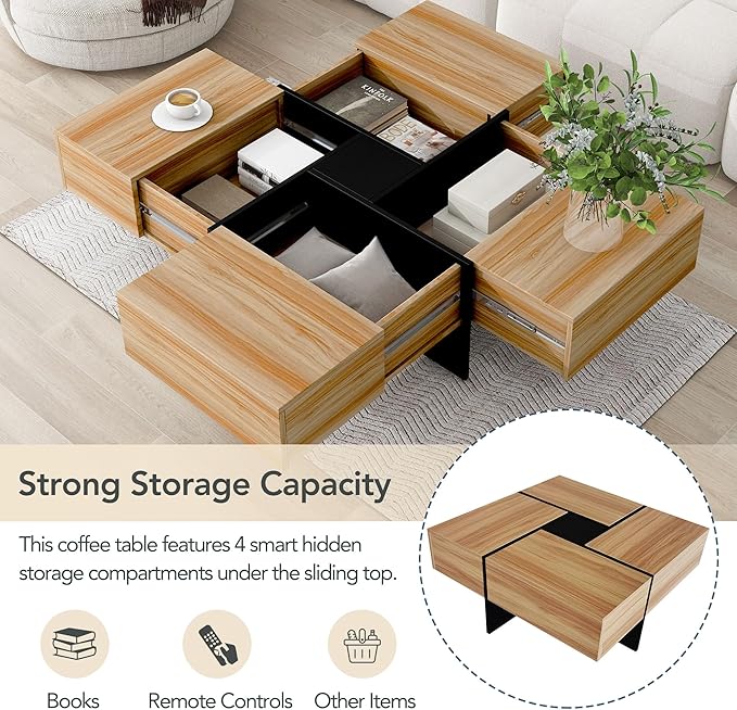 HanStrong 31.5" Square Coffee Table with 4 Hidden Storage Compartments,Cocktail Table with Extendable Sliding Tabletop,UV High-Gloss Design Center Table for Living Room,Brown