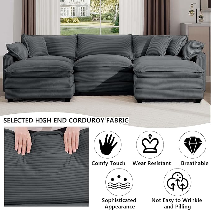 Aoowow Corduroy 3 Seater Couch with Ottomans,Modern Large Cloud Couches for Living Room,U Shaped Modular Sectional Cloud Sofas Deep Seat,U Shape Oversized Tufted Sofa Set (Grey, 3 Seater + 2 Ottoman)