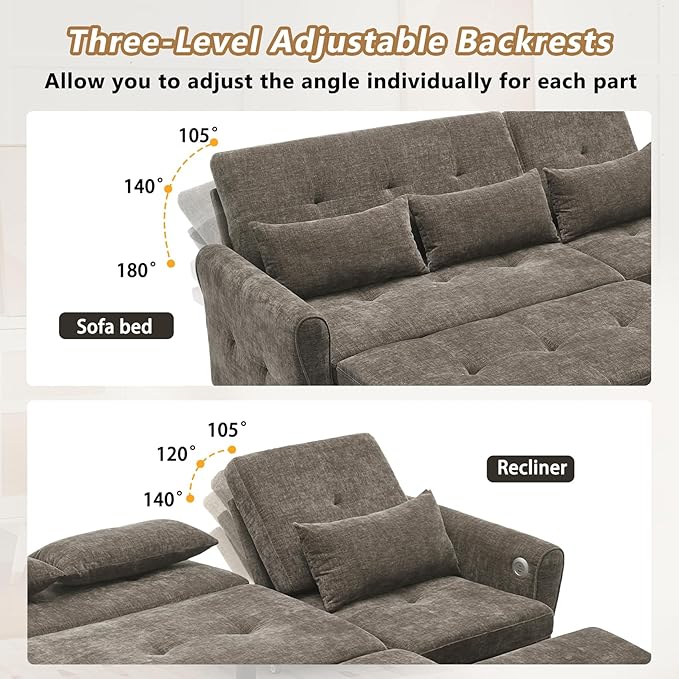 Gagawin 2 in 1 Convertible Sofa Bed with Reversible Recliner, Chenille 3-Seater Couch Sleeper with Pull Out Bed & Adjustable Backrest & Dual USB Charging Ports for Living Room, Gray