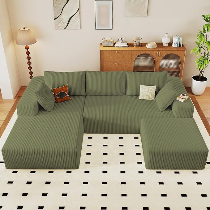 96" W Cloud Sectional Couch with Ottoman,Modern U-Shaped Cloud Couch with Deep Seat,Comfy Corduroy 3-Seater Sofa,Memory Foam Sofa for Living Room,No Assembly (Green,Left-Facing Chaise)