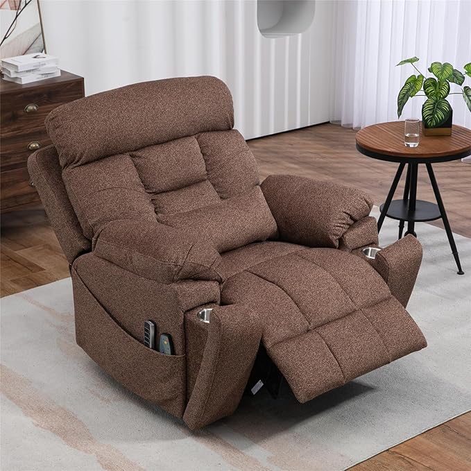 Oversized Lay Flat Power Lift Recliner Chair, 400lbs, 25.5in Extra Wide, 4-Motor, Heat and Massage, Hidden Cup Holder, Sleeping, Big Man, Elderly (Dark Brown)