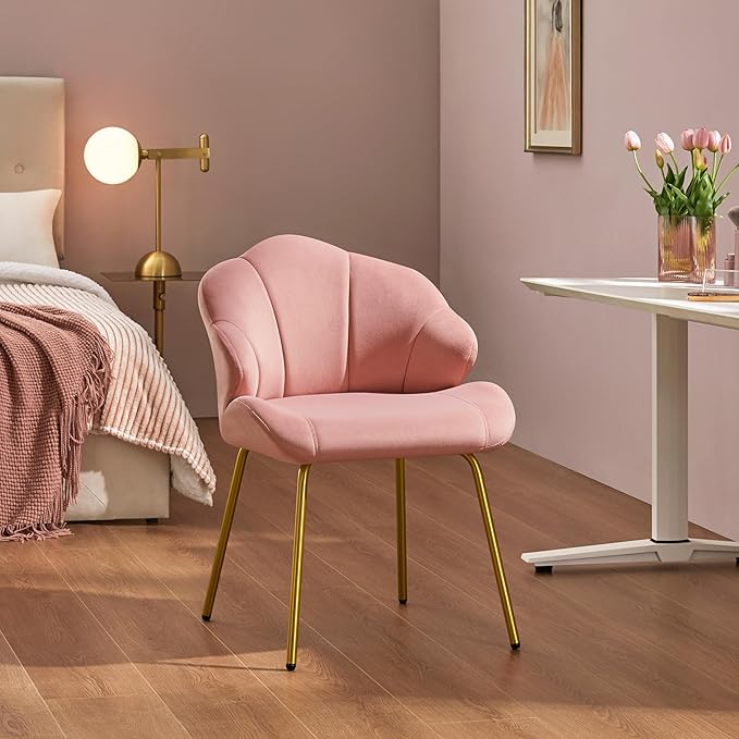 Yaheetech Vanity Chair, Velvet Accent Chair with Shell-Shaped Backrest, Modern Armchair with Gold Metal Legs for Dressing Room/Bedroom/Living Room, Pink