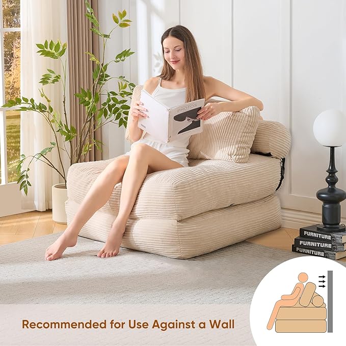 Waxberry Folding Sofa Bed, Convertible Sleeper Chair Couch Bed, Corduroy Upholstered Boneless Sofa for Living Room Bedroom, with Back Support Floor Couch, Beige