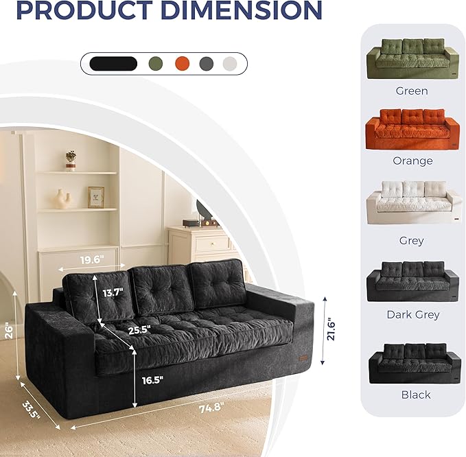 MAXYOYO Boneless Sofa Couch, Loveseat Sofa for Small Space, Tufted 3-Seater Floor Couch Bean Bag Chair for Living Room Bedroom Apartment, Sofa in a Box, No Assembly Needed, Black