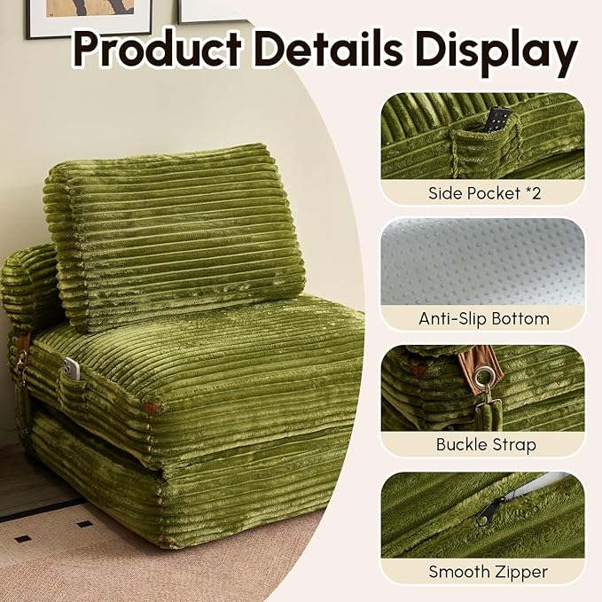 CAODOC Folding Sofa Bed Convertible Sleeper Chair with Pillow, Foldable Mattress Lounge Chair for Living Room Bedroom, Portable Guest Bed Green