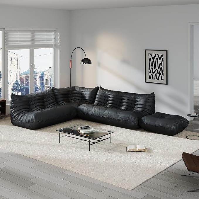 Comfy Lazy Floor Sofa Couch,Soft Armless Chair,Corner Faux Leather Lounge Chair,Corner Relax Sofa Couch for Living Room Bedroom,Salon Office,Adults(Corner+3P++2P+Ottoman)