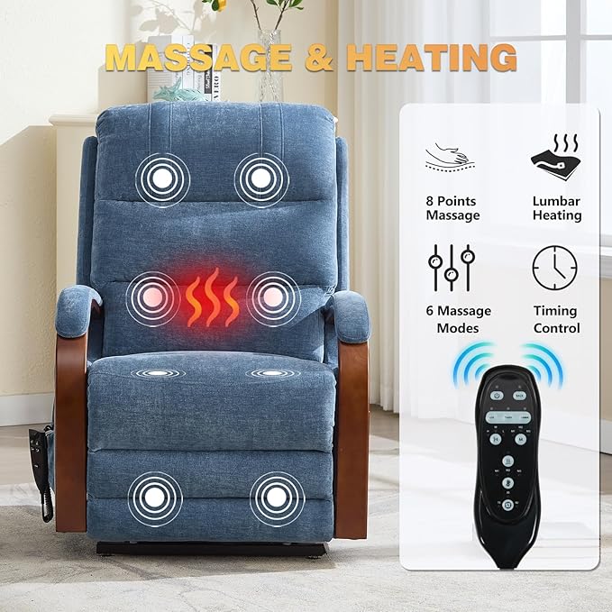 Dual Motor Power Lift Recliner Chair, Lift Chair with Massage and Heat for Elderly, Lay Flat Recliner, Standing Assistance, Infinite Position Reclining, Living Room Chair, Chenille, Blue