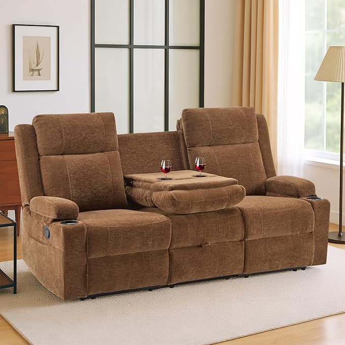 PALLOME Chenille Reclining Sofa 3-Seater with Convertible Table, Storage Ottoman & Cup Holders | Modern Space-Saving Couch, Ergonomic Living Room Furniture (Brown)