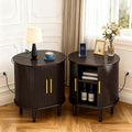 DHH Mid Century Modern Nightstand Set of 2 with Charging Station, Fluted Accent Side Table with Sliding Door & Adjustable Shelf, End Table for Small Space, Living Room, Bedroom,Sofa Couch, Brown