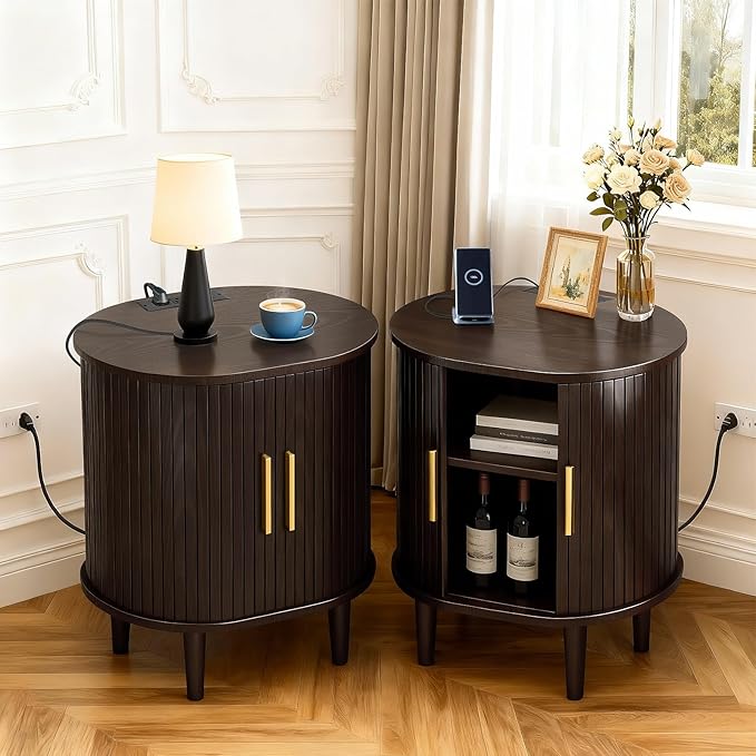 DHH Mid Century Modern Nightstand Set of 2 with Charging Station, Fluted Accent Side Table with Sliding Door & Adjustable Shelf, End Table for Small Space, Living Room, Bedroom,Sofa Couch, Brown