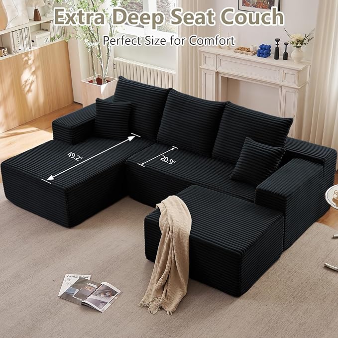 Lakifun 107" L-Shape Sofa with Ottoman, Modern Modular Sectional Comfy U-Shape Cloud Couch, Deep Seat, Upholstered Corduroy Sleeper Chaise Longue for Living Room Bedroom, No Assembly Required, Black
