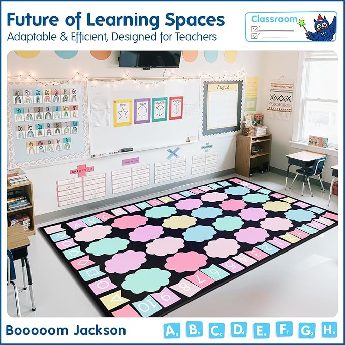 Booooom Jackson 7'6''x13' Pastel Clouds Classroom Rug for Kids Room Seating Décor - Thick Nylon Large Preschool Carpet Daycare Rug for Teaching & Playroom, Non-Slip &No Triping,20X Stain Resistance