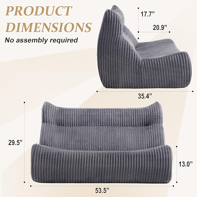 Bean Bag Chairs, Giant Bean Bag Chair for Adults, Memory Foam Lounge Chair, Comfy Lazy Floor Chair, Bean Bag Sofa for Living Room, Bedroom and Office, Loveseat Bean Bag (Grey)