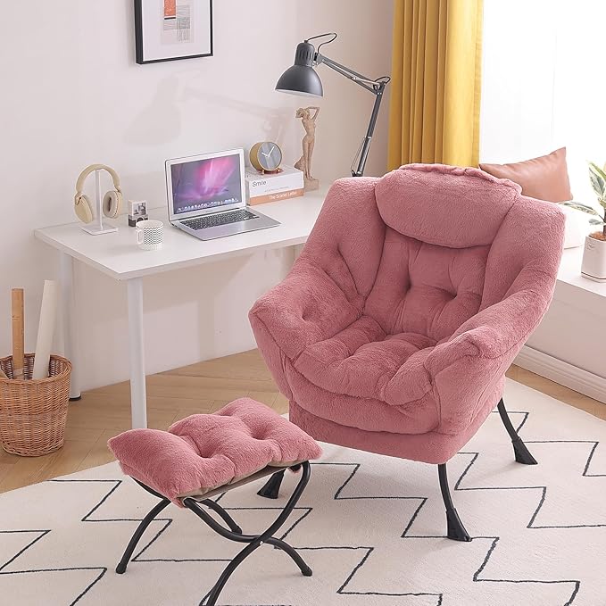 Tiita Lazy Chair with Ottoman, Pink Chair Modern Large Accent Lounge Armchair, Comfy Leisure Sofa Reading Chair with Footrest for Bedroom, Living Room, Dorm Rooms, Garden, Plush Dark Pink