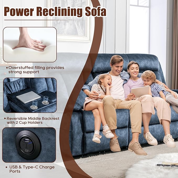 Power Reclining Sofa with Massage & Heat, USB & Type-C Ports, Drop-Down Tray Table, Cup Holders, Storage Pockets, Power Reclining Couch/Reclining Sofa 3 Seat, for Living Room, RV，Media Room 82" Blue