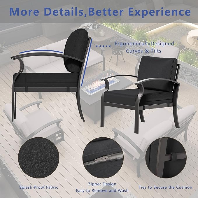 RTDTD Aluminum Outdoor Patio Furniture Set,4 Pieces 7 Seats Patio Conversation Sets with 45" Propane Fire Pit Table,Metal Patio Sectional Furniture Set w/5.1" Cushions for Porch,Deck,Backyard,Black
