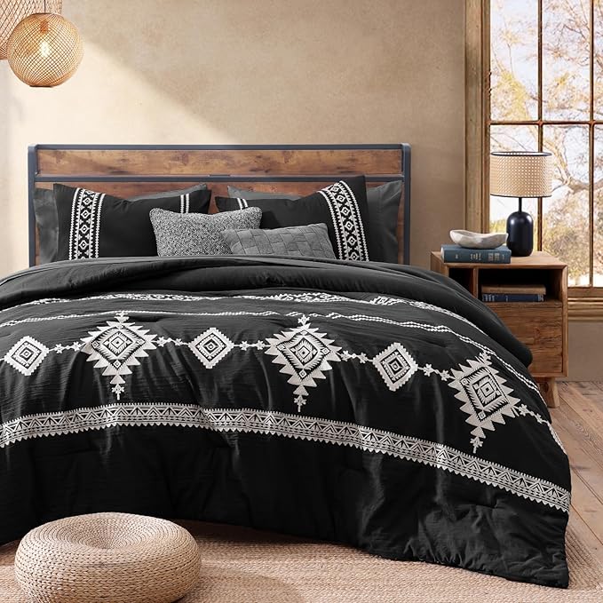 MaiRêve Embroidery Comforter Set, Boho Farmhouse Western Bedding Set, All Season Bed in A Bag Comforter Set with Sheets, Pillowcases & Shams, Black Oversized Queen 7 Pieces
