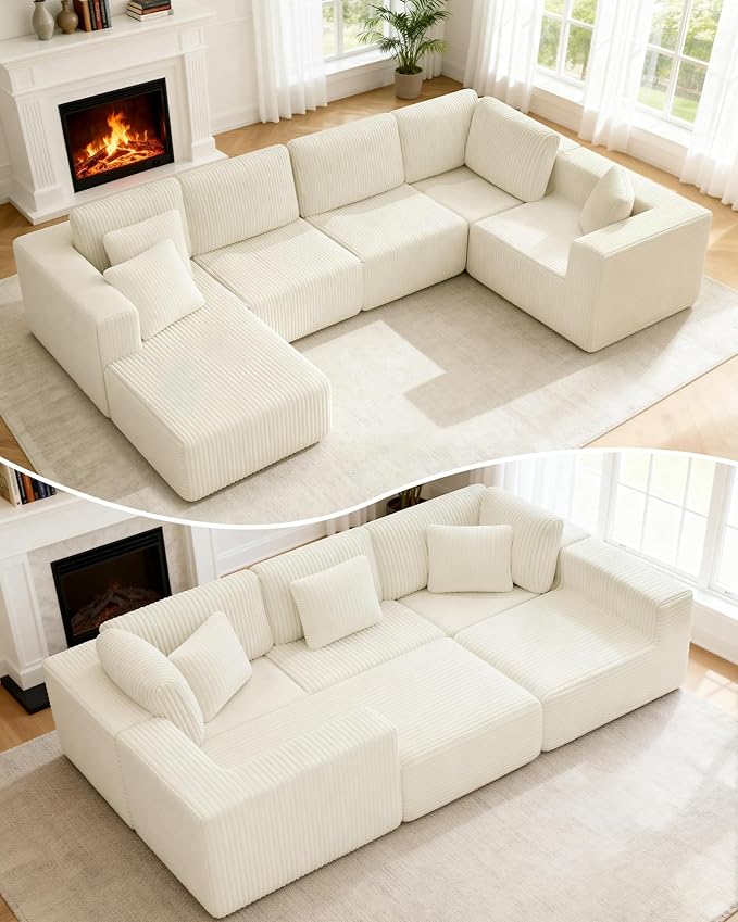 KINGYES 135'' Modular Sectional U Shaped Sofa, Upholstered Corduroy Boneless Couch Cloud Couch for Living Room, Beige