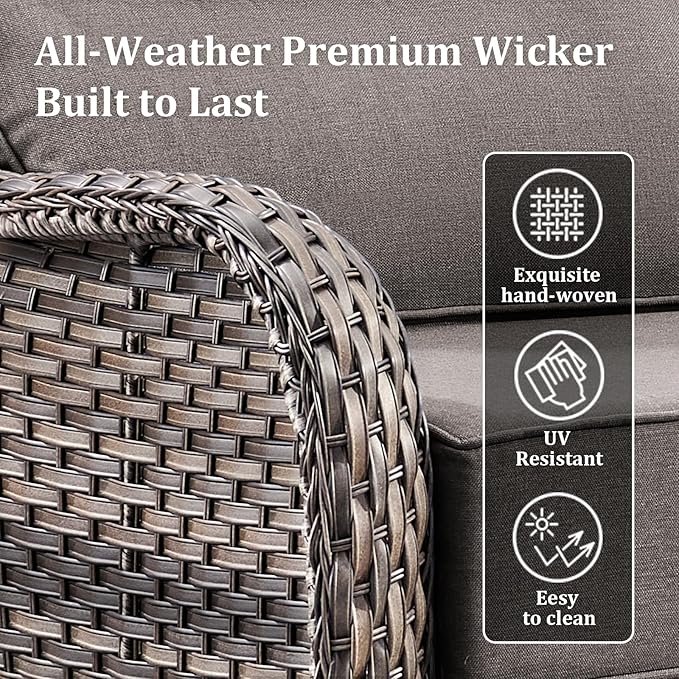 Pugire Luxury High Back Patio Furniture Set with 6-Inch Thick Cushions, 6-Pieces Outdoor Furniture with Swivel Chairs and Side Table, Wicker Conversation Set for Porch, Balcony, Deck and Yard, Grey