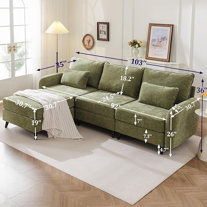 Rexulqo 104'' Modular Sectional Sofa with All Seats Storage, Oversized L Shaped Couch for Living Room,3-Seater Comfy Cloud Couches with Movable Ottoman,Big Sectional for Bedroom,Velet,Green
