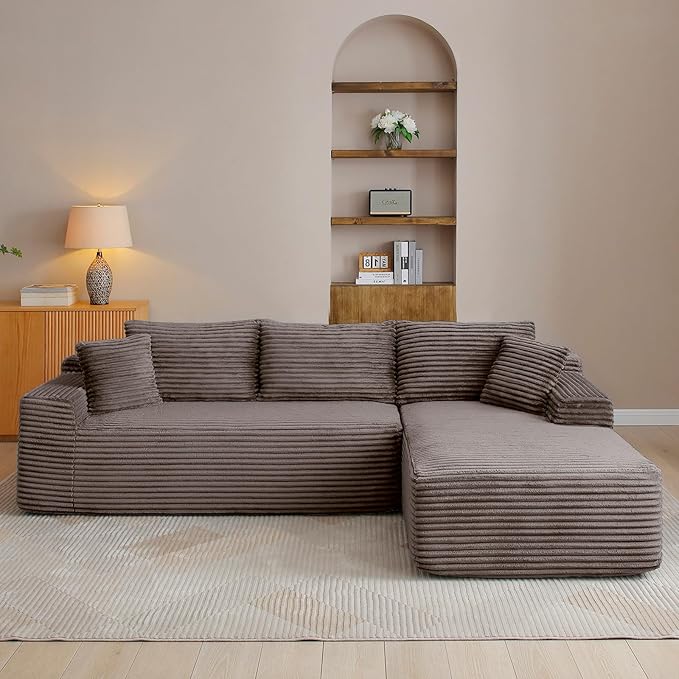 95" Boneless Cloud Sectional Couches for Living Room, Comfy Fluffy L Shaped Memory Foam Deep Seat Boneless Couch, Modular Sectional Sofa with Right Facing Chaise, Brown