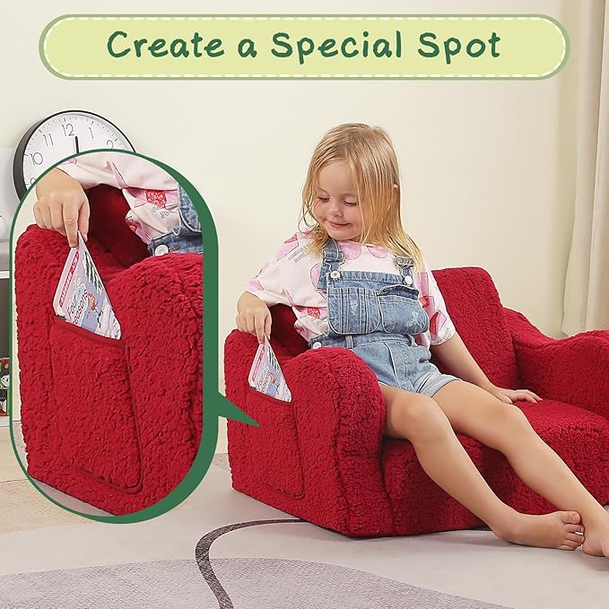 Kids Sofa, 2-in-1 Flip-Out Foam Couch with Soft Sherpa Cover, Cozy Play Lounge Chair, Red
