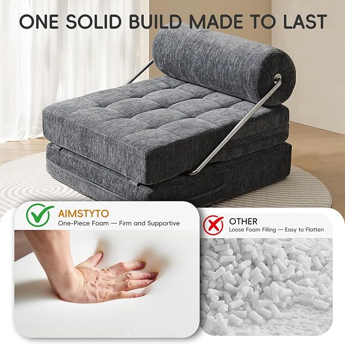 4-in-1 Folding Sofa Bed, Easy Assembly Chenille Boneless Couch, Convertible Sleeper Chair with Back Support, Small Floor Futon Sofa for Living Room & Bedroom, Single (Grey)