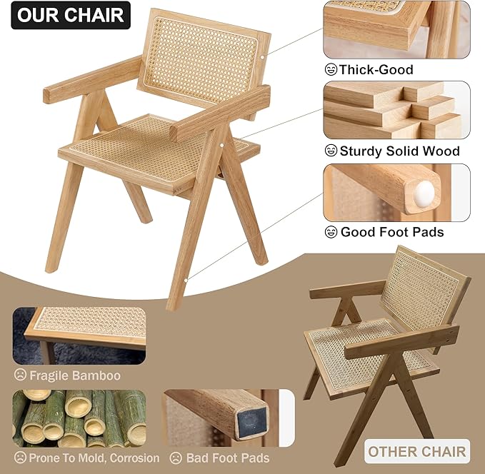 Rattan Dining Chairs Set of 4, Wooden Armchair Cane Kitchen Chairs with Arms, Light Walnut Color