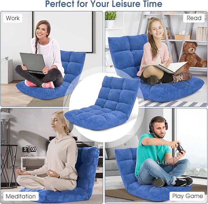 Giantex Floor Chair with Back Support, 14 Adjustable Position, Padded Sleeper Bed, Couch Recliner, Gaming Floor Chairs for Adults, Meditation, Gaming Chair Floor, Blue
