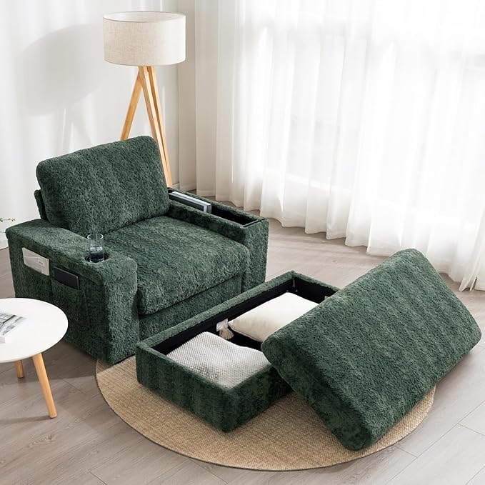 Merax Oversized Sleeper Chair with Storage Armrest & Ottoman, Cup Holders, Cloud Upholstered Chaise Lounge Recliner, Deep Seat Reading Couch Sofa Bed for Living Room Bedroom, Antique Green