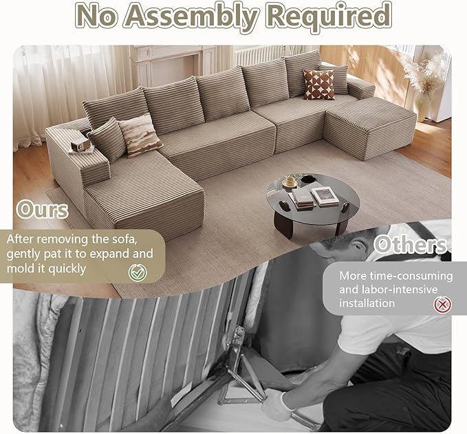 Lakifun 166.9" L-Shape Sofa with Ottoman, Modern Modular Sectional Comfy U-Shape Cloud Couch, Deep Seat, Upholstered Corduroy Sleeper Chaise Longue for Living Room Bedroom, No Assembly Required, Camel