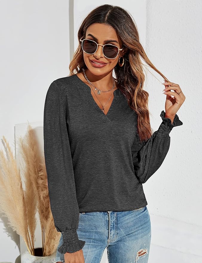 Romanstii Women's Casual V-Neck T-Shirts Loose Puff Long Sleeve Tops Tunic Blouses