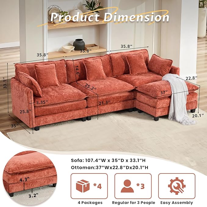 SoarFlash 113.78" Chenille Sectional Sofa, Comfy L Shaped Modular Coush Sofa with Ottoman, Modern 4 Seat Couch Deep Seat Sofa Set for Living Room,Black