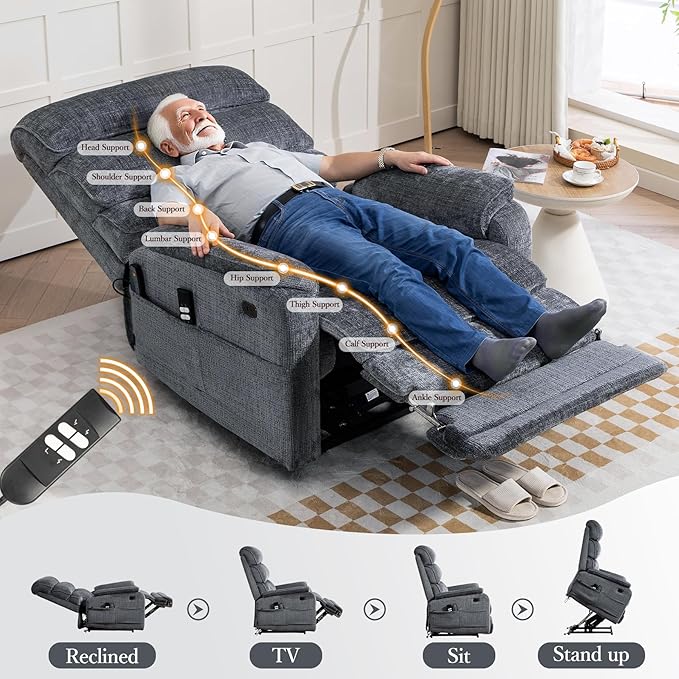 Oversized Power Lift Recliner Chair, Big Tall Man Lay Flat Ergonomic Lounge with Extended Footrest for Elderly People, Single Sofa Heat & Massage. Home Theater Seat, USB&Type-C Port (Chenille, Grey)