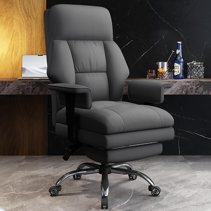 WXJHL Office Chair with Leg Rest, Leather High Back Executive Office Chair with Wheels, Ergonomic Desk Chairs with Lumbar Support for Home Office, Gray