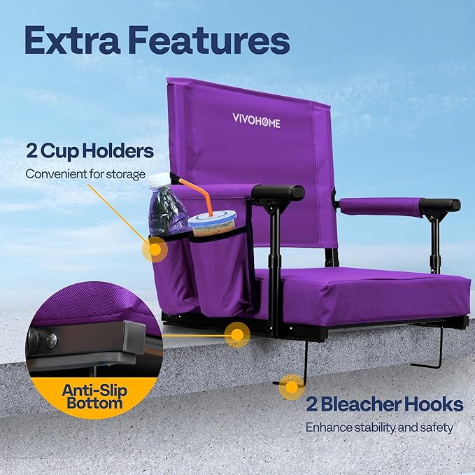 VIVOHOME Stadium Seats with Back Support and Cushion, 2 Pack Portable Bleacher Chairs with Cup Holder and Shoulder Strap