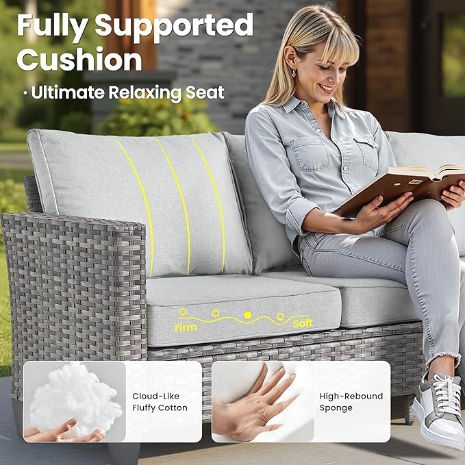 ovios 7 Pieces Patio Furniture Set, Outdoor Wicker Sofa Couch with Rocking Swivel Chairs Fire Pit Table, Modern Deep Seat Rattan Conversation Sets for Deck Porch, Grey