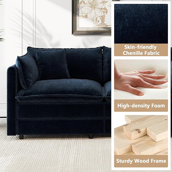 Aoowow Modular Sectional Sofa Modern Convertible L Shaped Couch,147.2 Inch Deep 4-Seater Sofas Set Comfy Chenille Cloud Sofas and Couches with Movable Ottoman for Living Room Apartment（Blue）