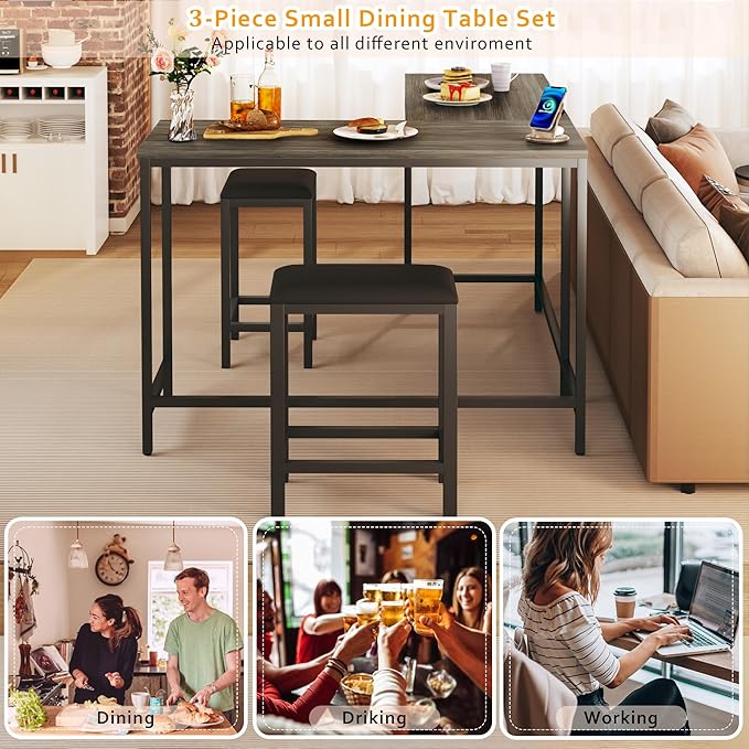 Bar Table and Chairs Set for 2-4, 63'' Convertible L-Shaped Kitchen Table with Power Outlets, 3 Piece Counter Height Small Dining Table with 2 Stools, Space Saving, Breakfast Nook Corner, Grey Oak