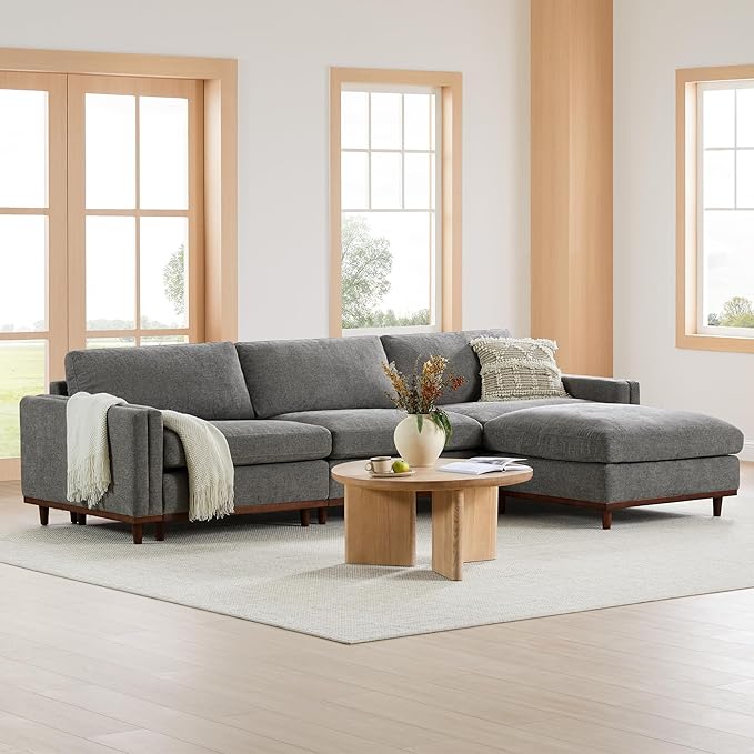 CHITA Super Large Luxury L Shape Convertible Sectional Modular Sofa, Down Filled Modern Sofa with Ottoman, Deep Seat Cloud Couch, 118 inch Width, 4 Seat Couch with Solid Wood Leg, Grey