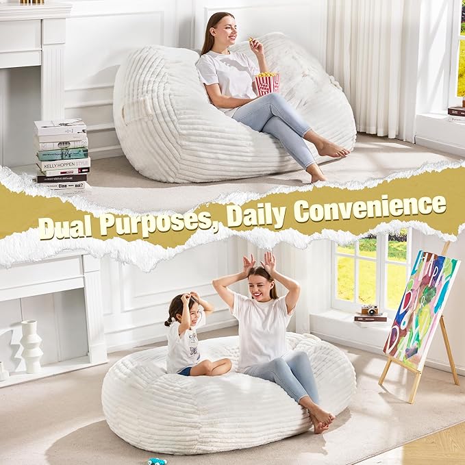 Hobestluk 4FT Bean Bag Chairs Adult Bean Bag with Portable Handle Comfy Large Bean Bag Chair with Removable Cover for Living Room Bedroom or Reading Nook (Stripe White, 4FT)