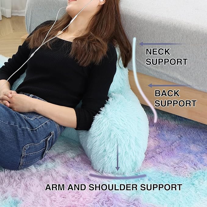 A Nice Night Faux Fur Soft Reading Pillow Bed Wedge Adult Backrest with Arms Back Support for Sitting Up in Bed/Couch for Bedrest,Tie Dyed Gray,Large